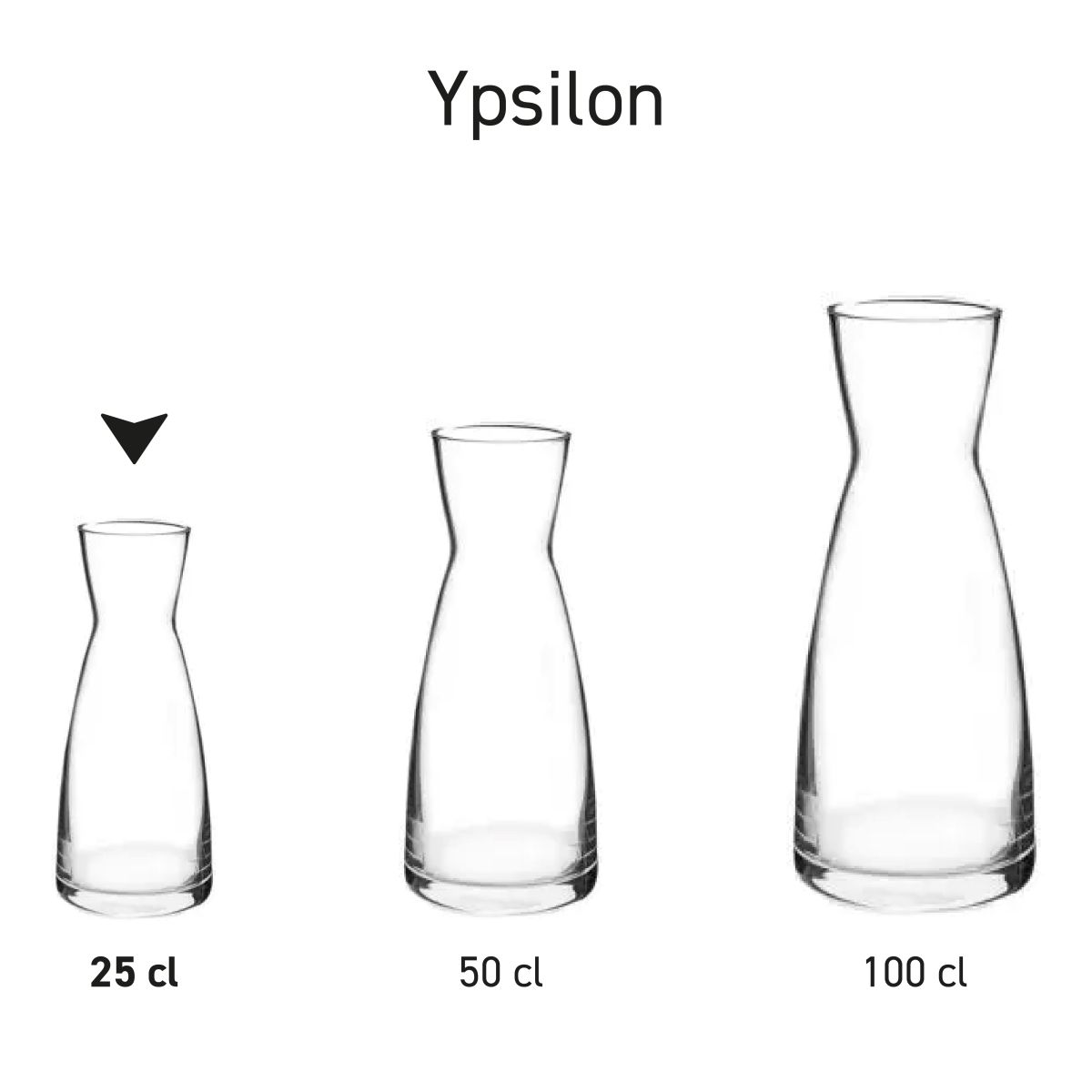 Serie von Ypsilon-Karaffen aus Glas, die als einheitliches Set nebeneinander präsentiert werden.