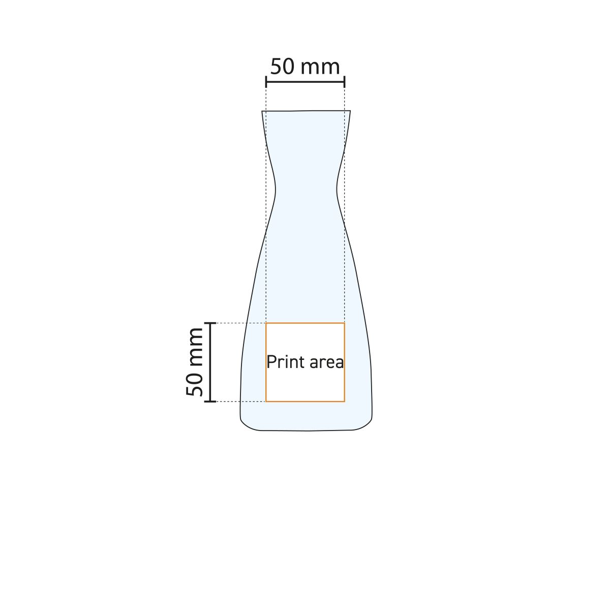 Die Druckfläche für das Logo auf der Karaffe Ypsilon 0,50 l Glas ist in der detaillierten Arbeitszeichnung dargestellt.