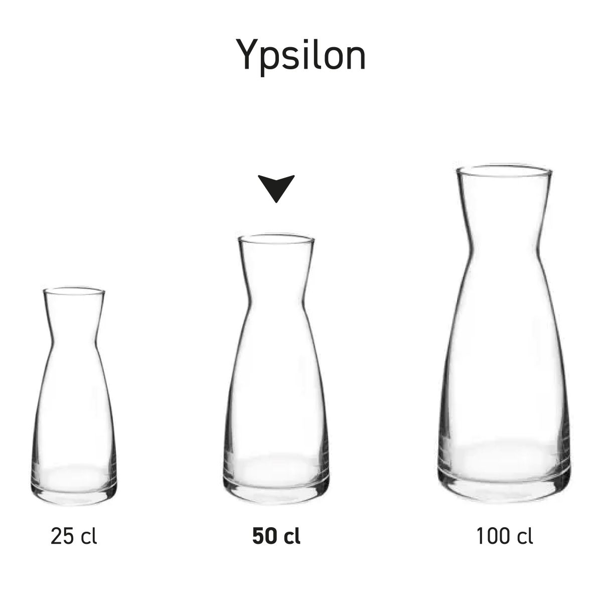 Serie von Ypsilon-Glaskaraffen nebeneinander als Teil einer einheitlichen Produktserie.