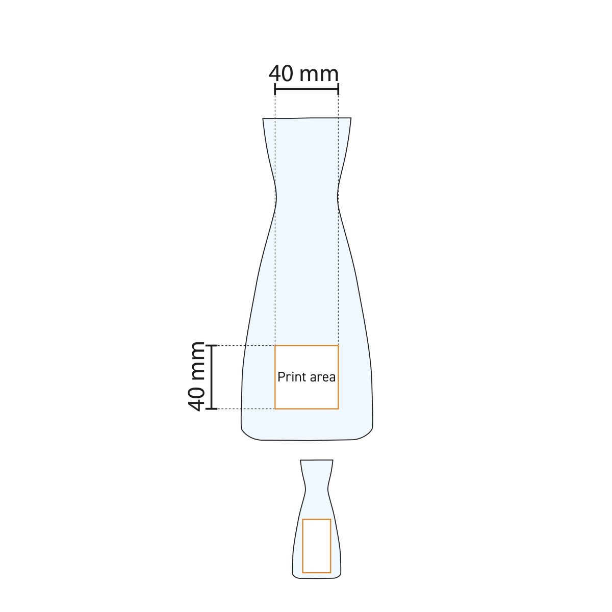 Die technische Arbeitszeichnung zeigt den Druckbereich der Glaskaraffe Ypsilon 1 Liter.