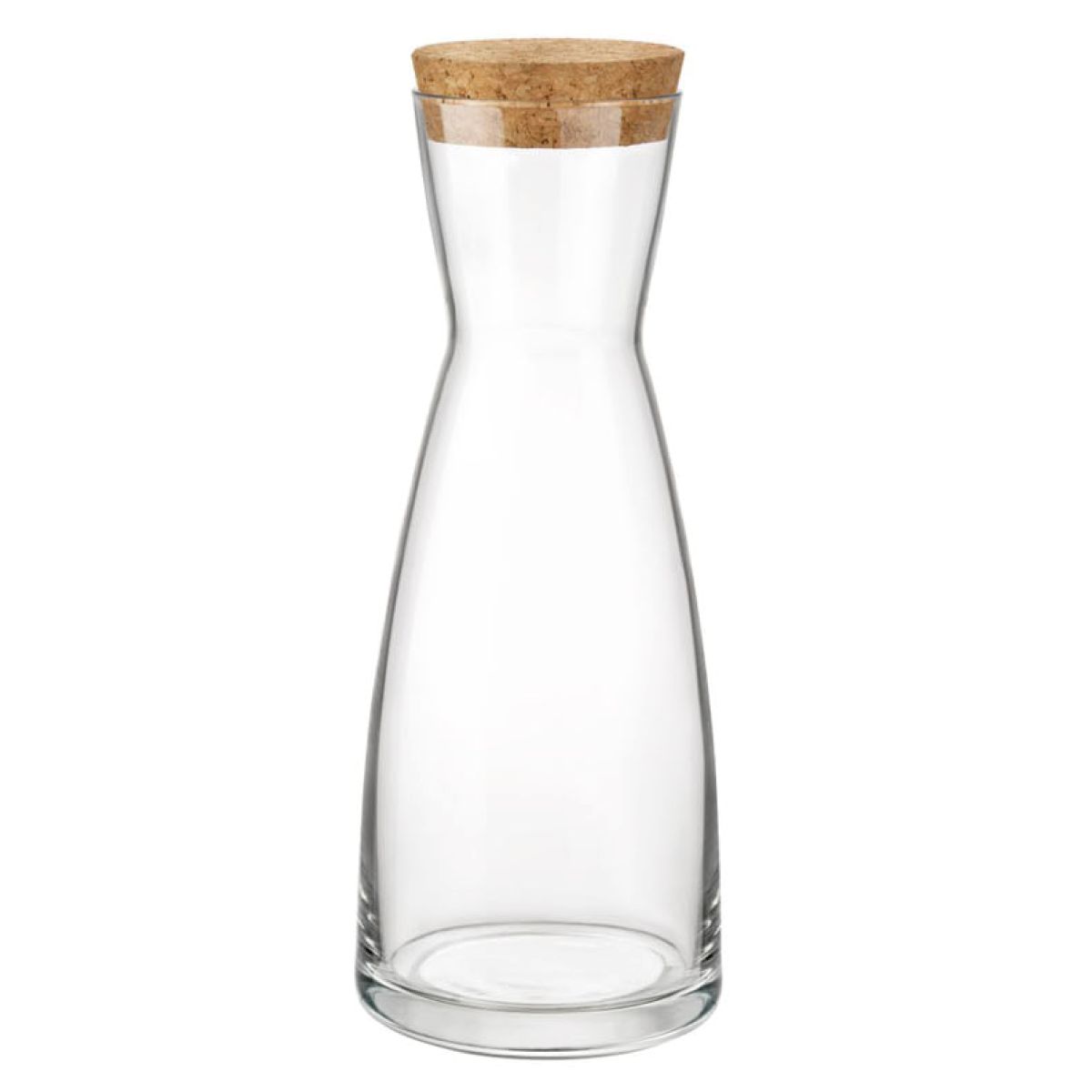 Stehende Karaffe Ypsilon 1 Liter mit Kork, zylindrisch und schmalem Hals, von vorne sichtbar. Stehende Karaffe Ypsilon 1 Liter mit Kork, zylindrisch und schmalem Hals, von vorne sichtbar.