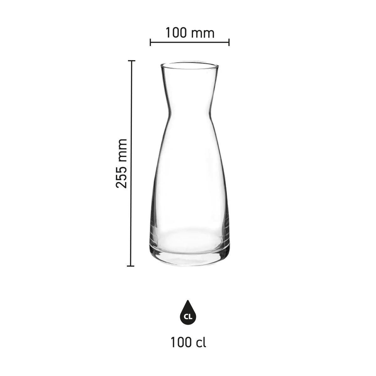 Die Infografik zeigt Höhe, Durchmesser und Fassungsvermögen des Dekanters Ypsilon 1 Liter mit Korkverschluss.