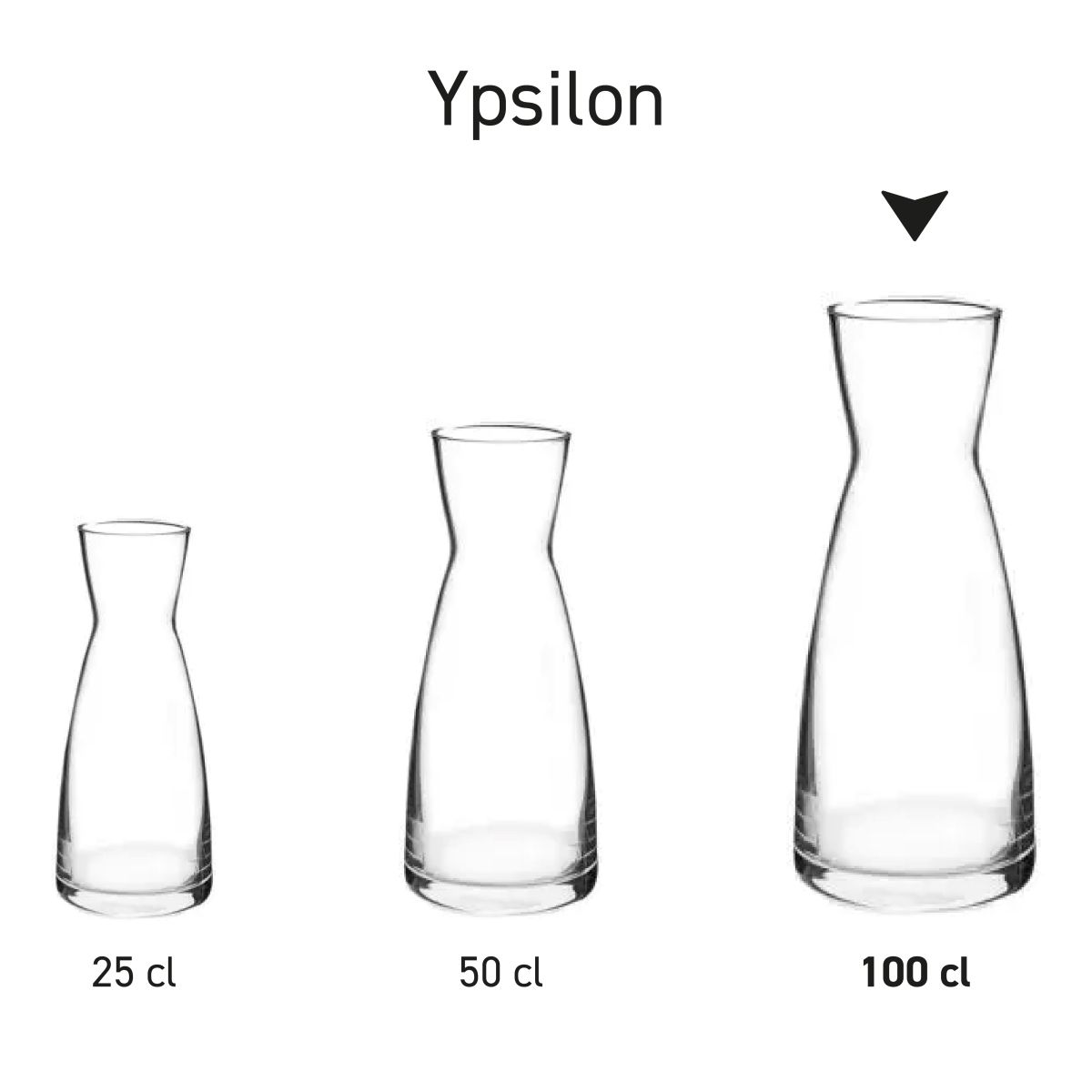 Serie von Glaskaraffen Ypsilon, nebeneinander ausgestellt.