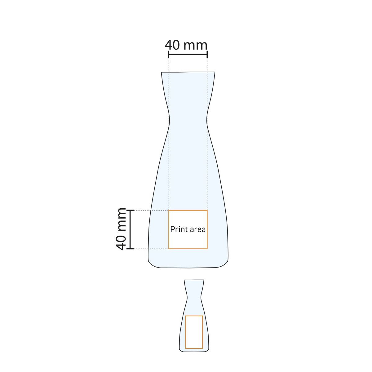 Druckflächenanzeige der Karaffe Ypsilon 1 Liter Glas mit markierter Logooberfläche.