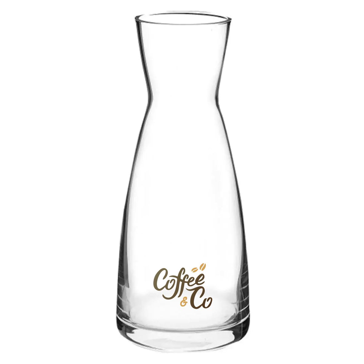 Glaskaraffe Ypsilon 1 Liter mit vollfarbigem CoffeeCo-Logo auf der Vorderseite, gut sichtbar.
