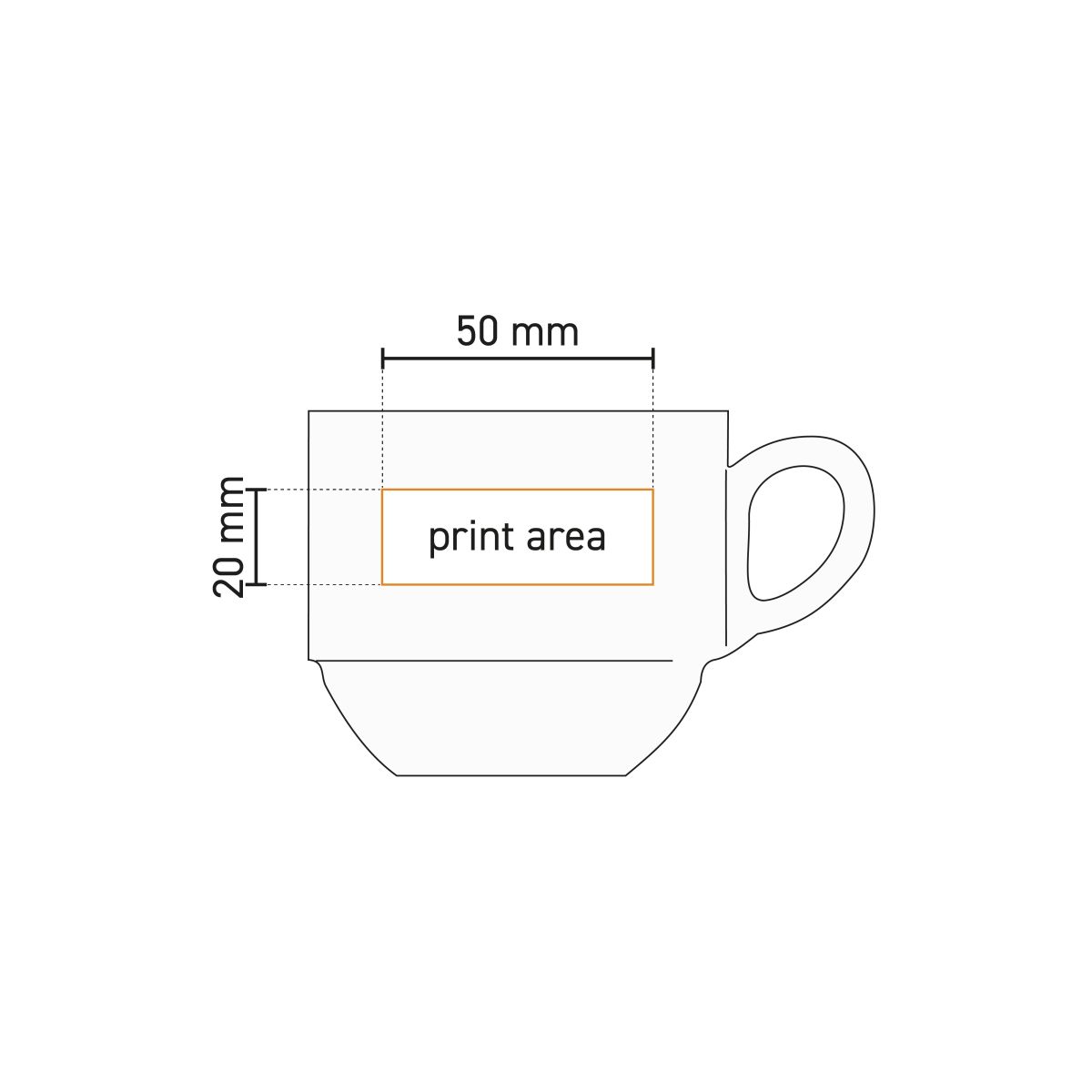 Technische Zeichnung der Kaffeetasse Mammoth Budgetline 20 cl. Porzellan mit Angabe der Druckfläche.