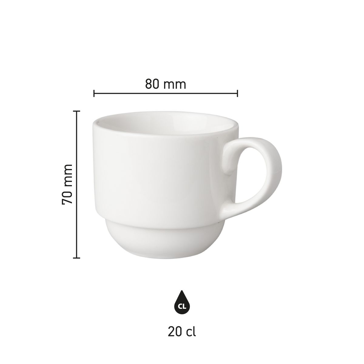 Die Infografik zeigt die Abmessungen der Kaffeetasse Mammoth Budgetline 20 cl Porzellan mit Durchmesser und Höhe.