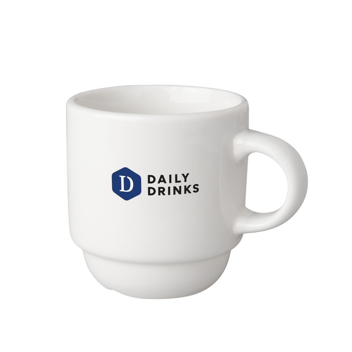 Weißer Kaffeebecher 14 cl mit mehrfarbigem DailyDrinks-Logo, das mittig auf die Vorderseite gedruckt ist.