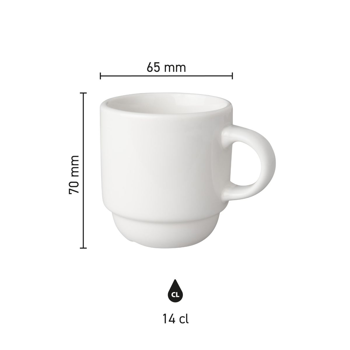 Infografik mit den Abmessungen der Budgetline Narrow Kaffeetasse 14 cl Porzellan, einschließlich Inhalt und Höhe.