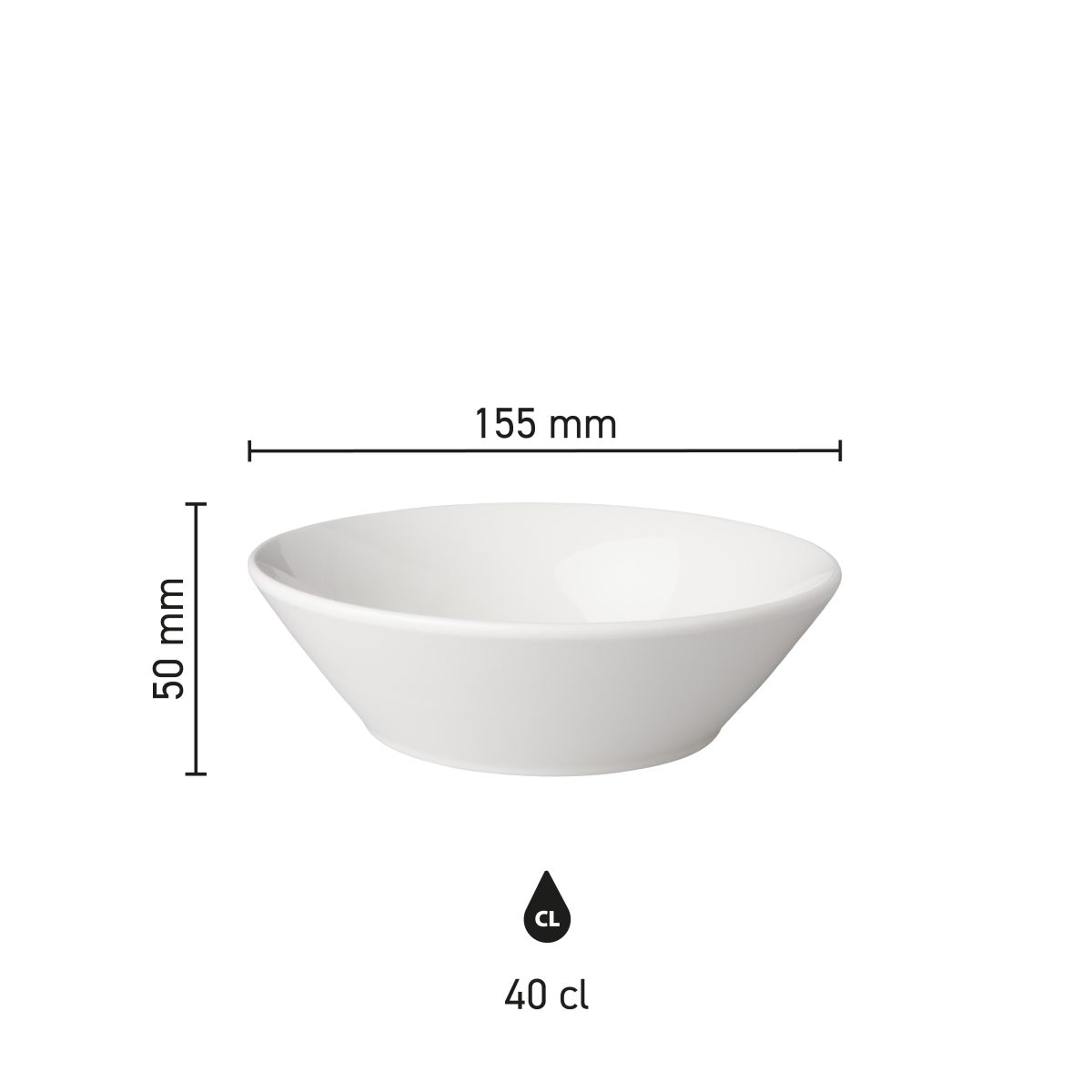 Infografik mit den Abmessungen der Schüssel 15,5 cm Neo Budgetline einschließlich Durchmesser und Höhe.