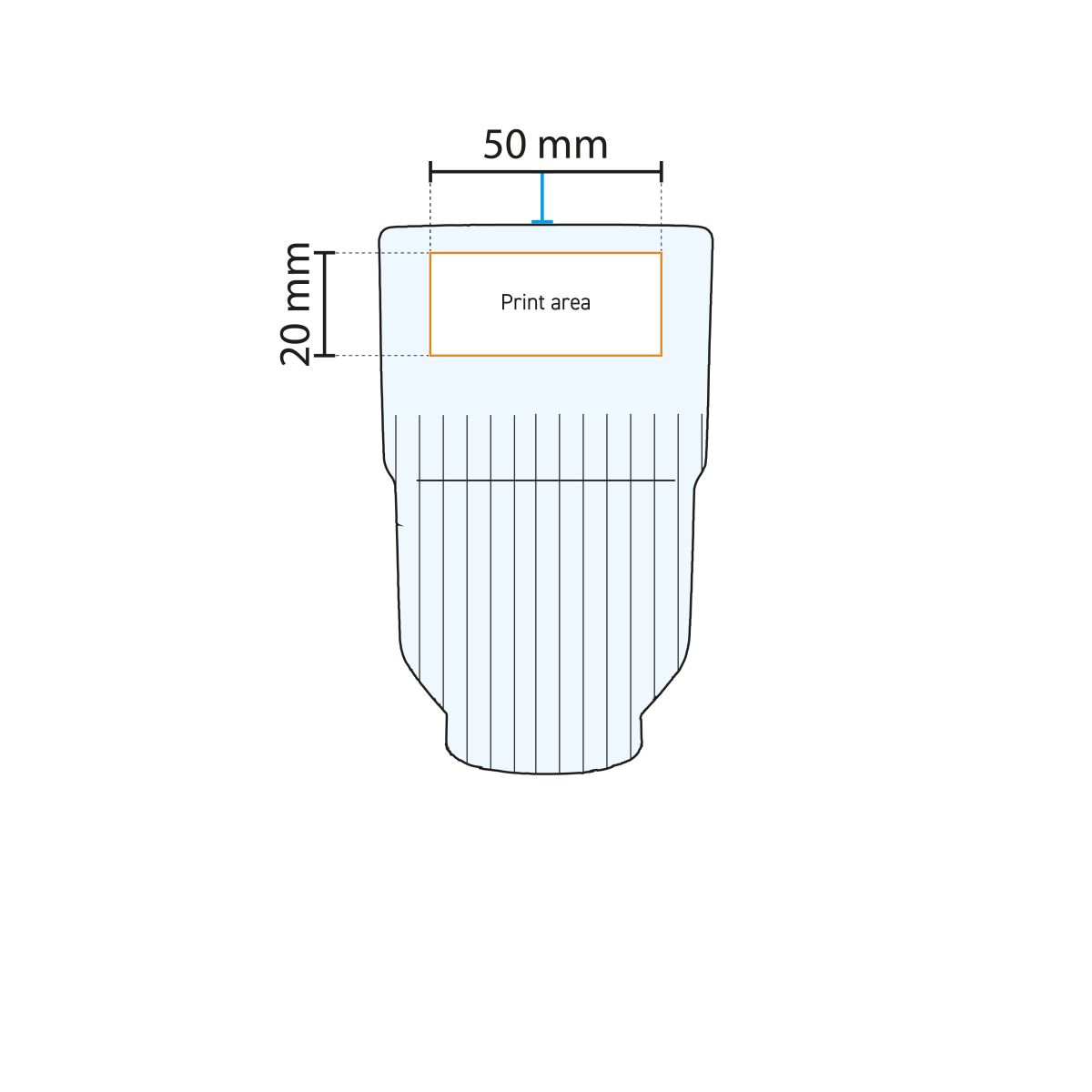 Druckfläche für die Personalisierung auf Glas Onis 34,5 cl in der technischen Arbeitszeichnung gezeigt.
