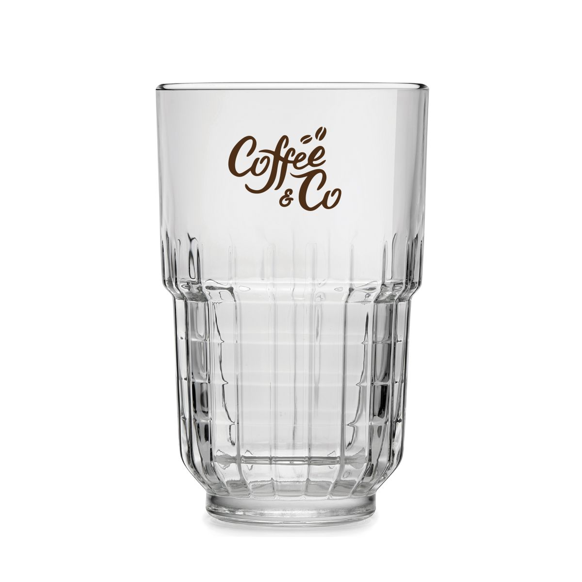 Einfarbiger Aufdruck des CoffeeCo Logos auf der Vorderseite von Longdrink glas Onis 34,5 cl.