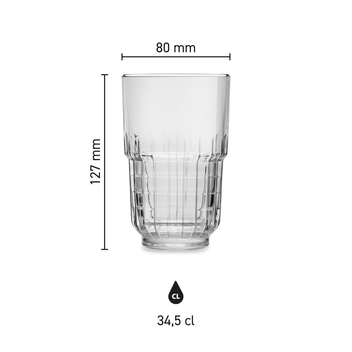 Die Infografik zeigt Höhe, Durchmesser und Fassungsvermögen des Longdrinkglases Onis 34,5 cl.