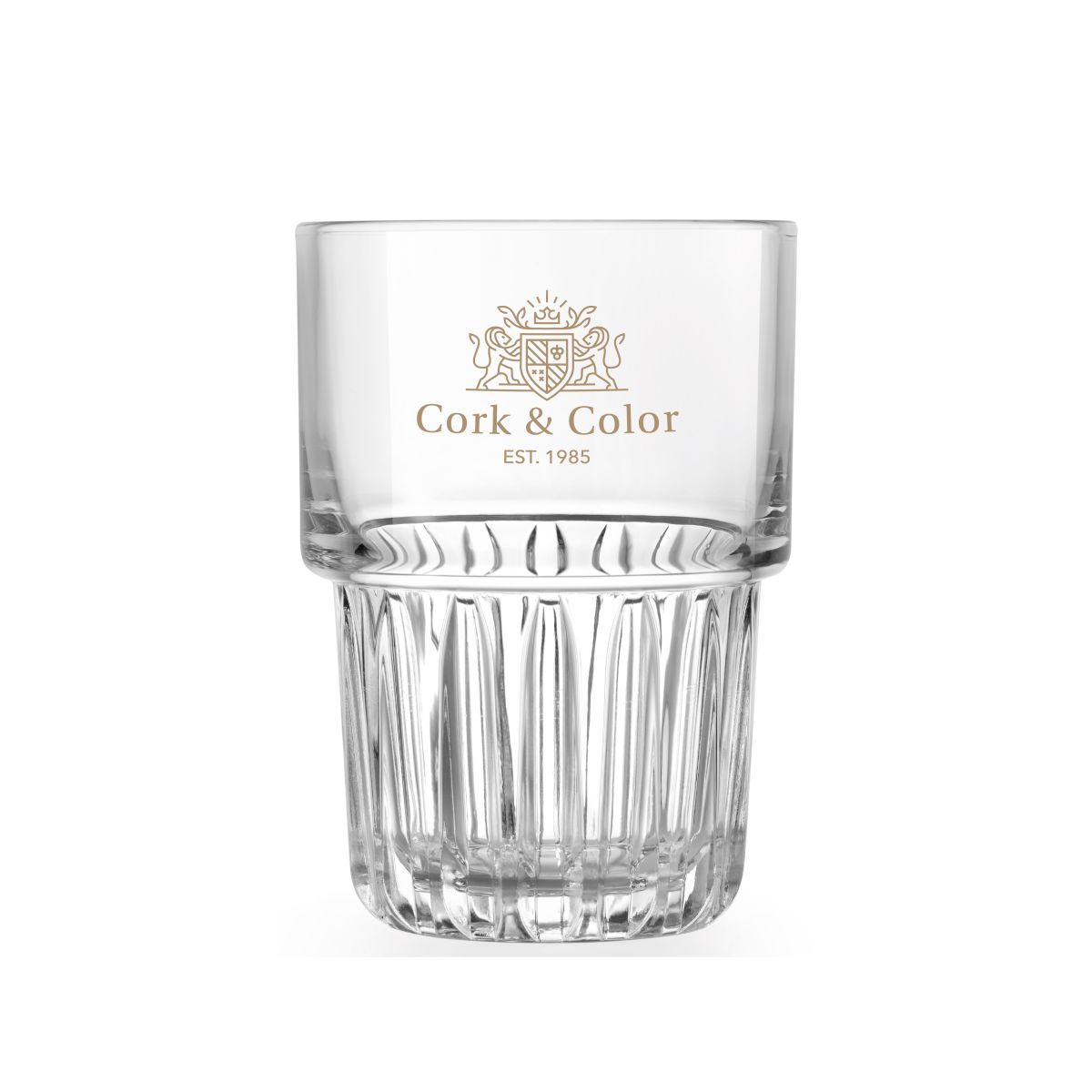 Einfarbiger KorkColor-Logo sichtbar auf der Vorderseite des Everest Longdrinkglas 26,5 cl.