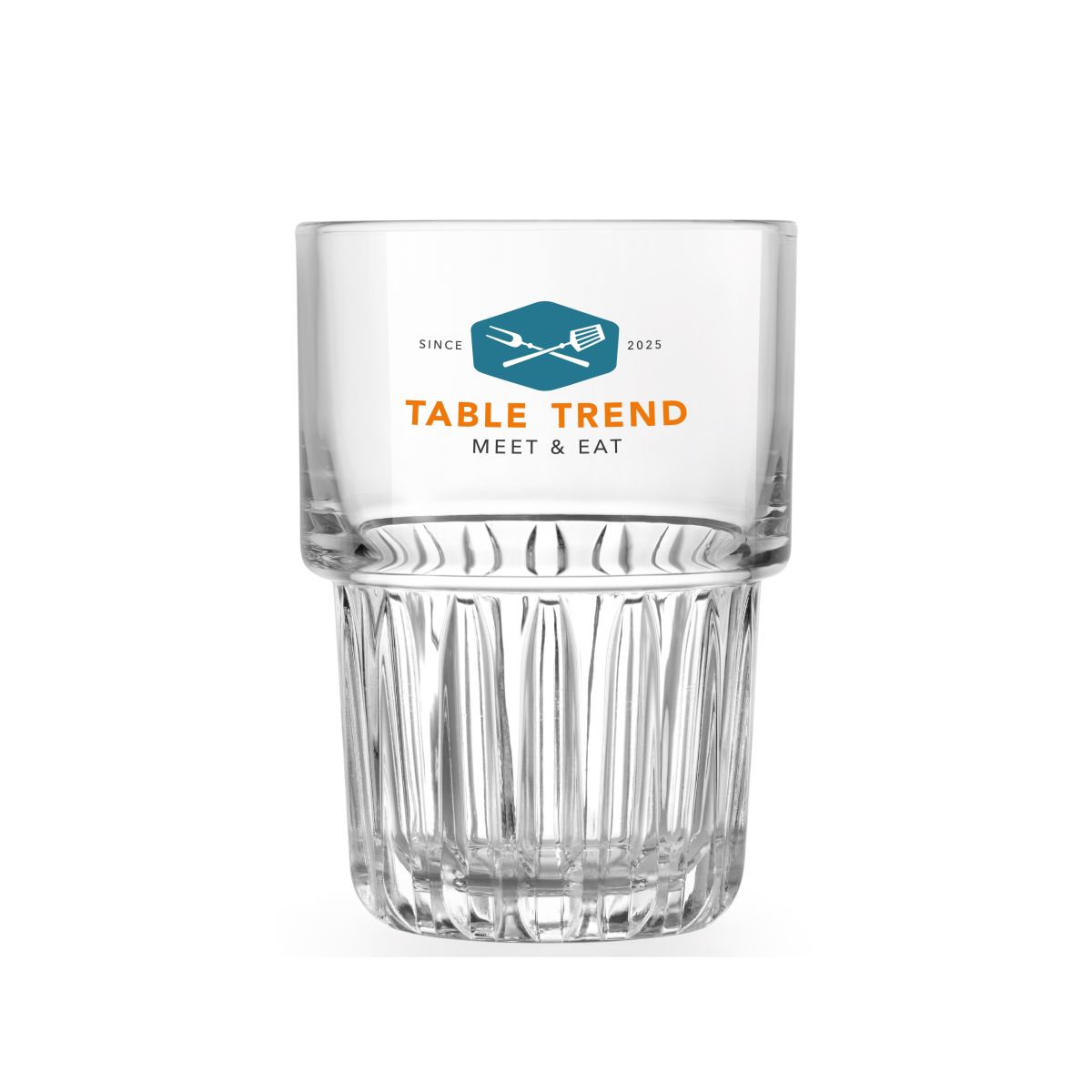Everest Longdrinkglas 26,5 cl. mit farbig bedrucktem TableTrend Logo auf der Vorderseite.