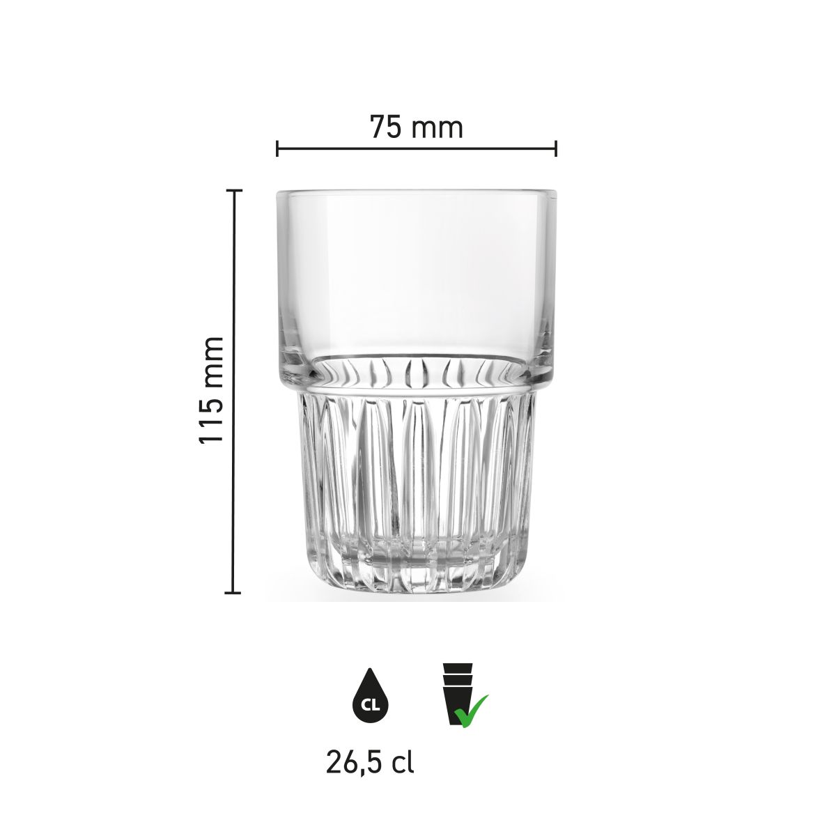 Die Infografik zeigt Höhe, Durchmesser und Wandstärke des Longdrinkglases Onis Everest 26,5 cl.