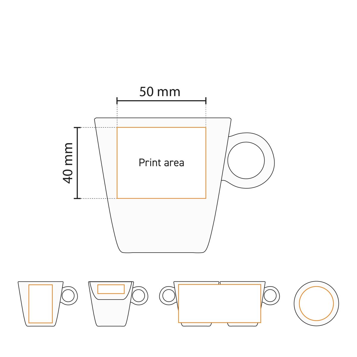 Technische Arbeitszeichnung der Lukas Cappuccinotasse 19,5 cl Porzellan mit Angabe der Druckfläche.