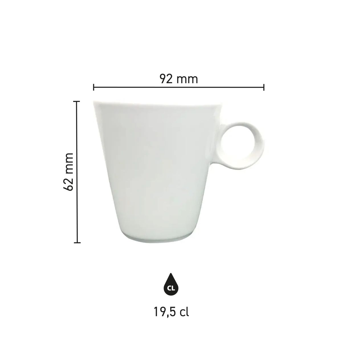 Übersicht über die Maße der Lukas Cappuccinotasse 19,5 cl weißes Porzellan in grafischer Darstellung.