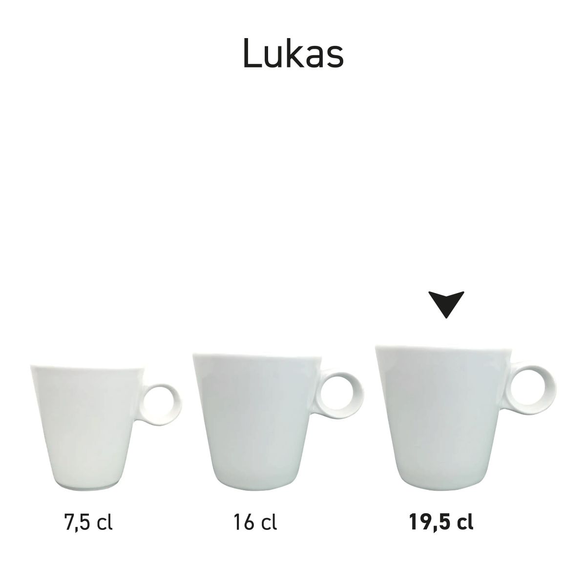Serie von weißen Cappuccinotassen aus Lukas-Porzellan, nebeneinander angeordnet.