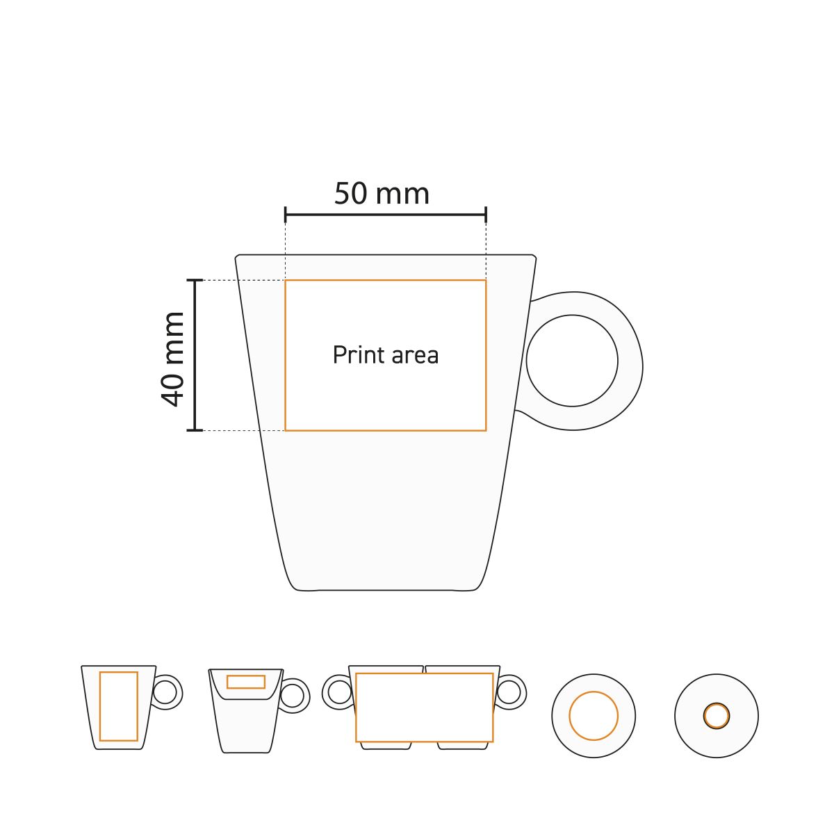 Technische Arbeitszeichnung des Lukas Cappuccino weiß 19,5 cl. Set mit Angabe der Druckfläche.