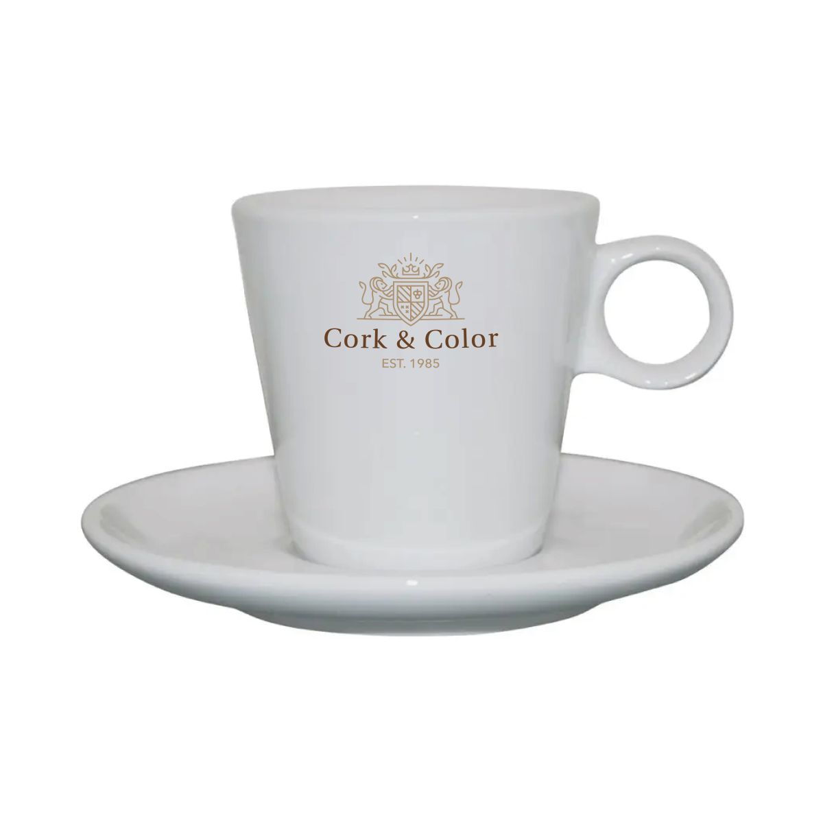 e Lukas Cappuccino weiß 19,5 cl. Set von SET mit mehrfarbigem CorkColor-Logo auf der Vorderseite.
