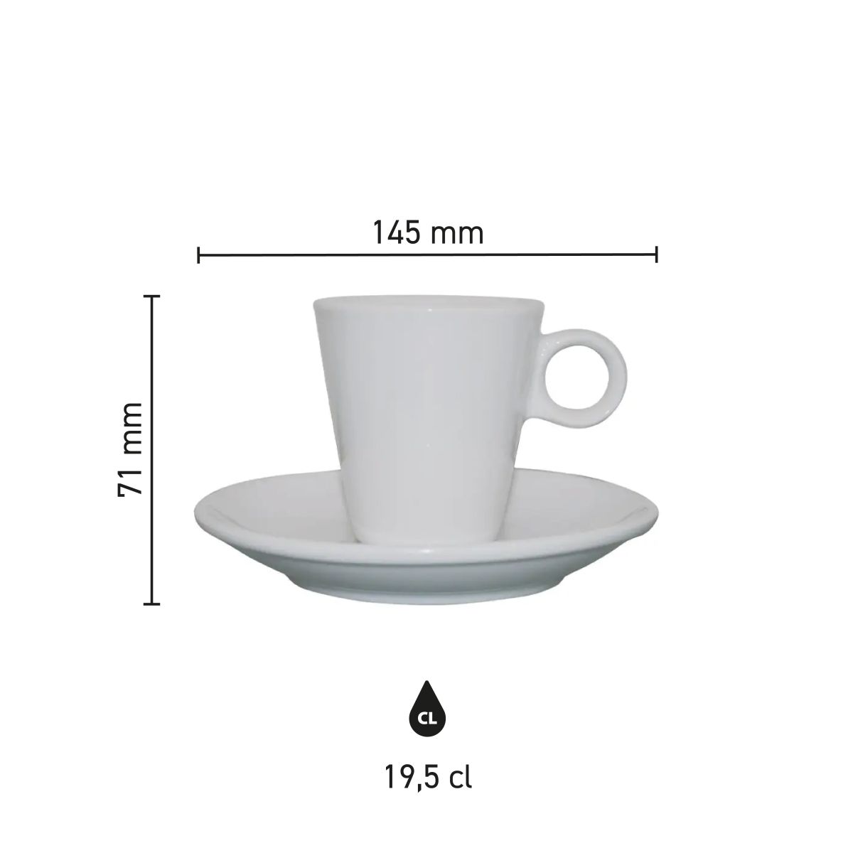 Infografik mit den Produktabmessungen des Lukas Cappuccino weiß 19,5 cl. Set.