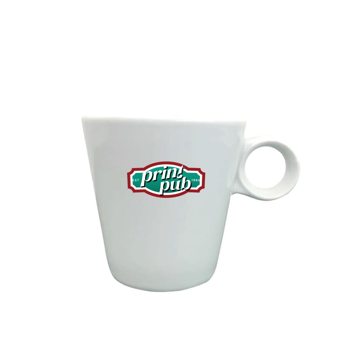 Lukas Kaffeetasse weiße mit farbenfrohem PrintPub-Logo, das in voller Farbe auf das Glas gedruckt ist.