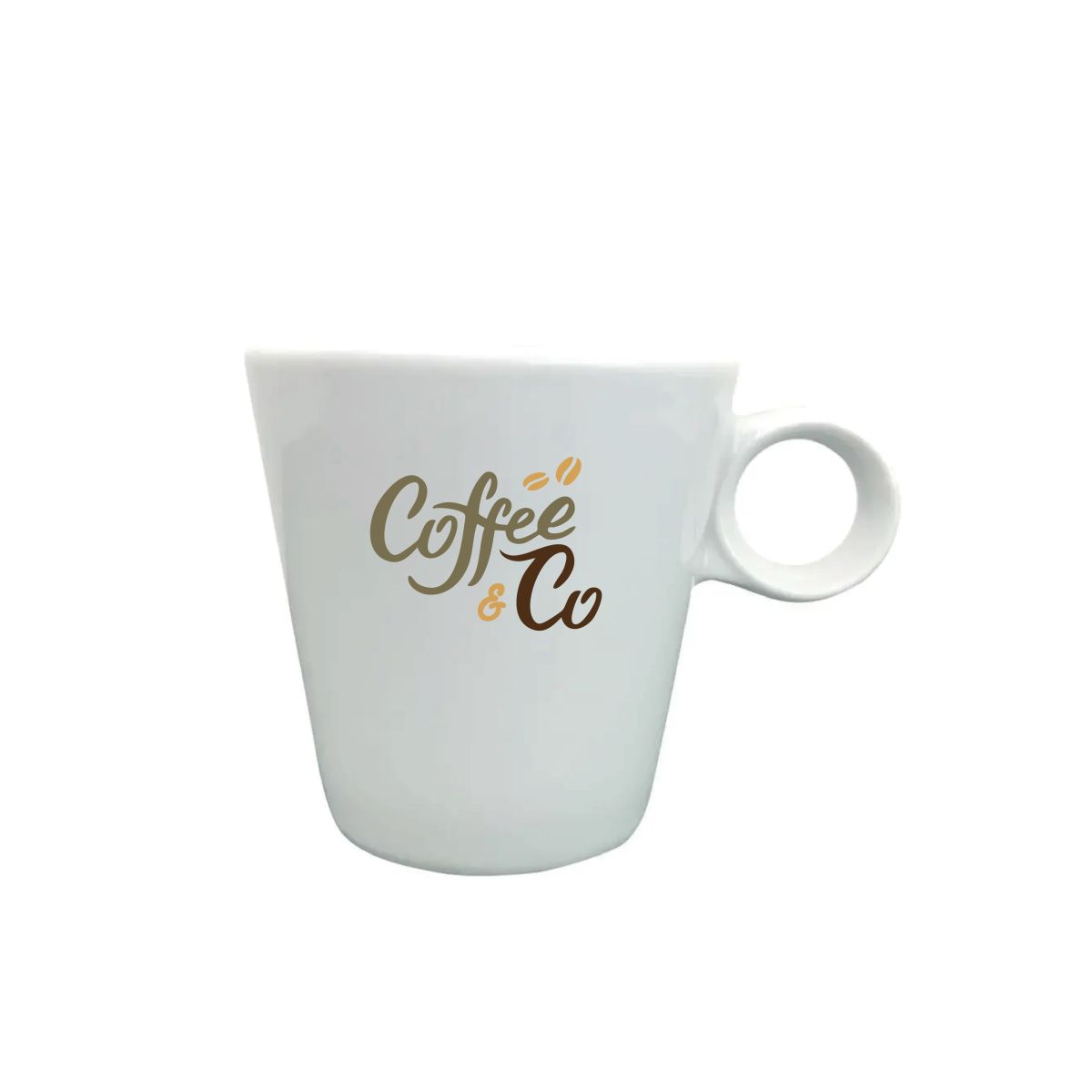 Vorderseite der Kaffeetasse mit mehrfarbigem CoffeeCo-Logo auf weißem Glas.