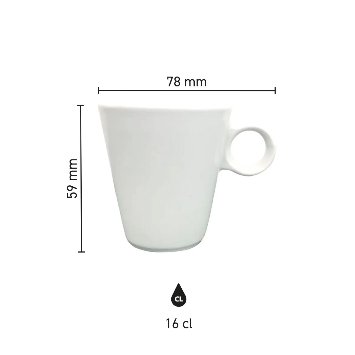 Infografik mit den Produktabmessungen der Lukas Kaffeetasse 16 cl, einschließlich Durchmesser und Höhe.