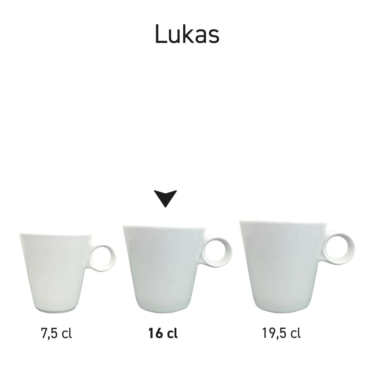 Weiße Lukas-Kaffeetassen in verschiedenen Größen, zum visuellen Vergleich nebeneinander präsentiert
