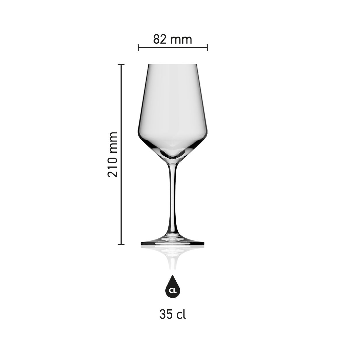 Infografik mit den Abmessungen des Weinglases Melody 35 cl, mit Höhe und Durchmesser in Zentimetern.
