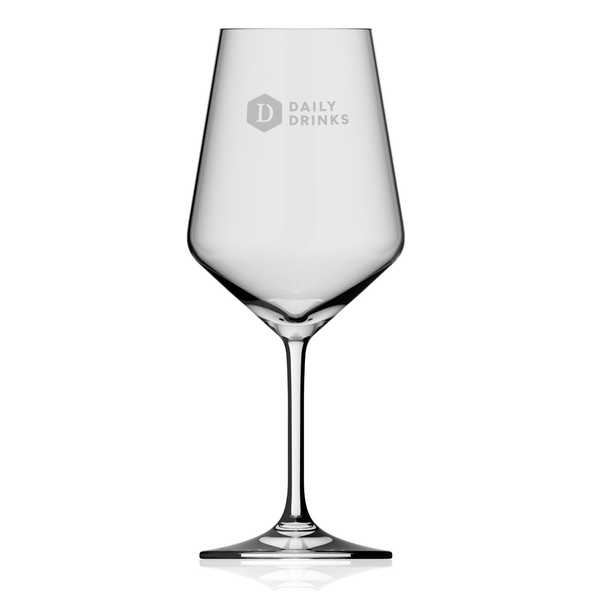 Weinglas Melody 53 cl mit Gravur des DailyDrinks-Logos auf der Vorderseite und glatter Glasoberfläche.