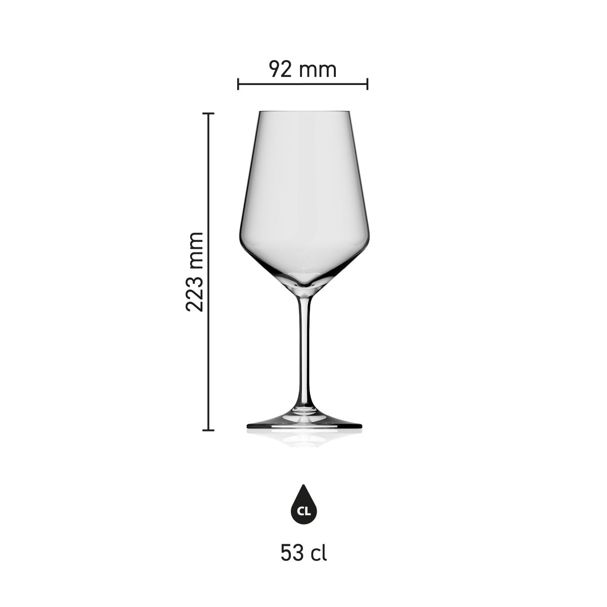 Infografik mit den Abmessungen von Melody Weinglas 53 cl zeigt Höhe, Durchmesser und Fassungsvermögen.
