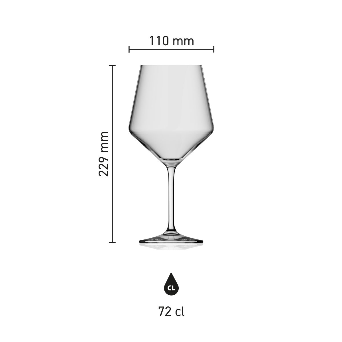 Die Infografik zeigt die genauen Abmessungen des Weinglases Melody 72 cl.