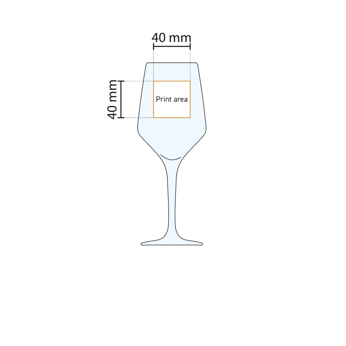 Technische Arbeitszeichnung mit Angabe der Druckfläche des Mencia Weinglas 25 cl.
