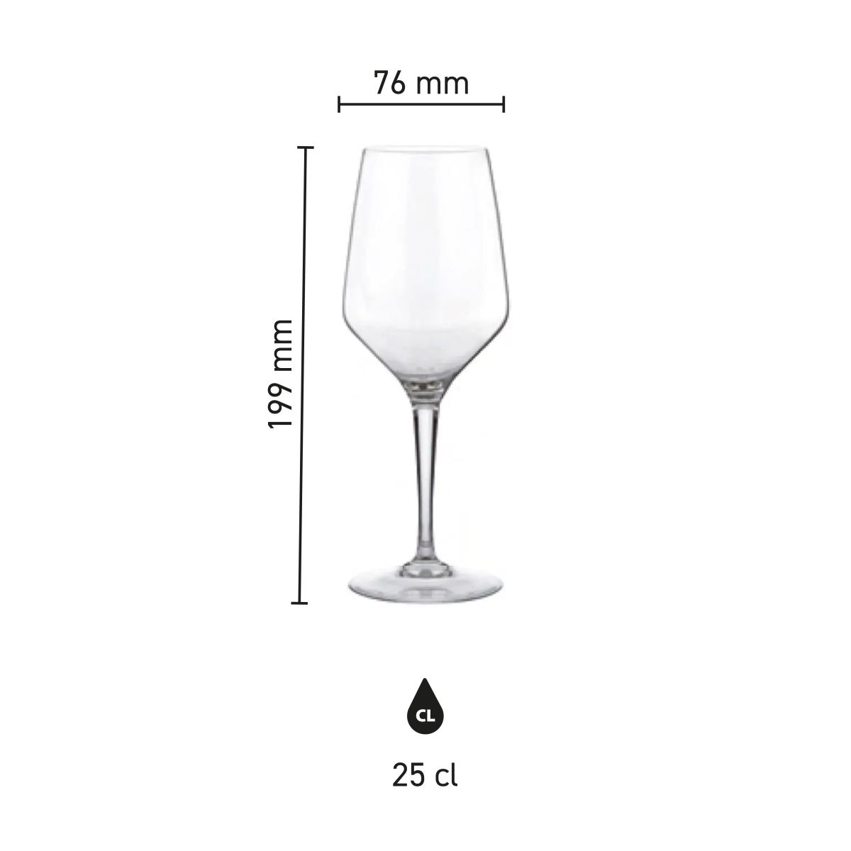 Die Infografik zeigt die genauen Abmessungen des  Mencia Weinglas 25 cl. in Millimetern.