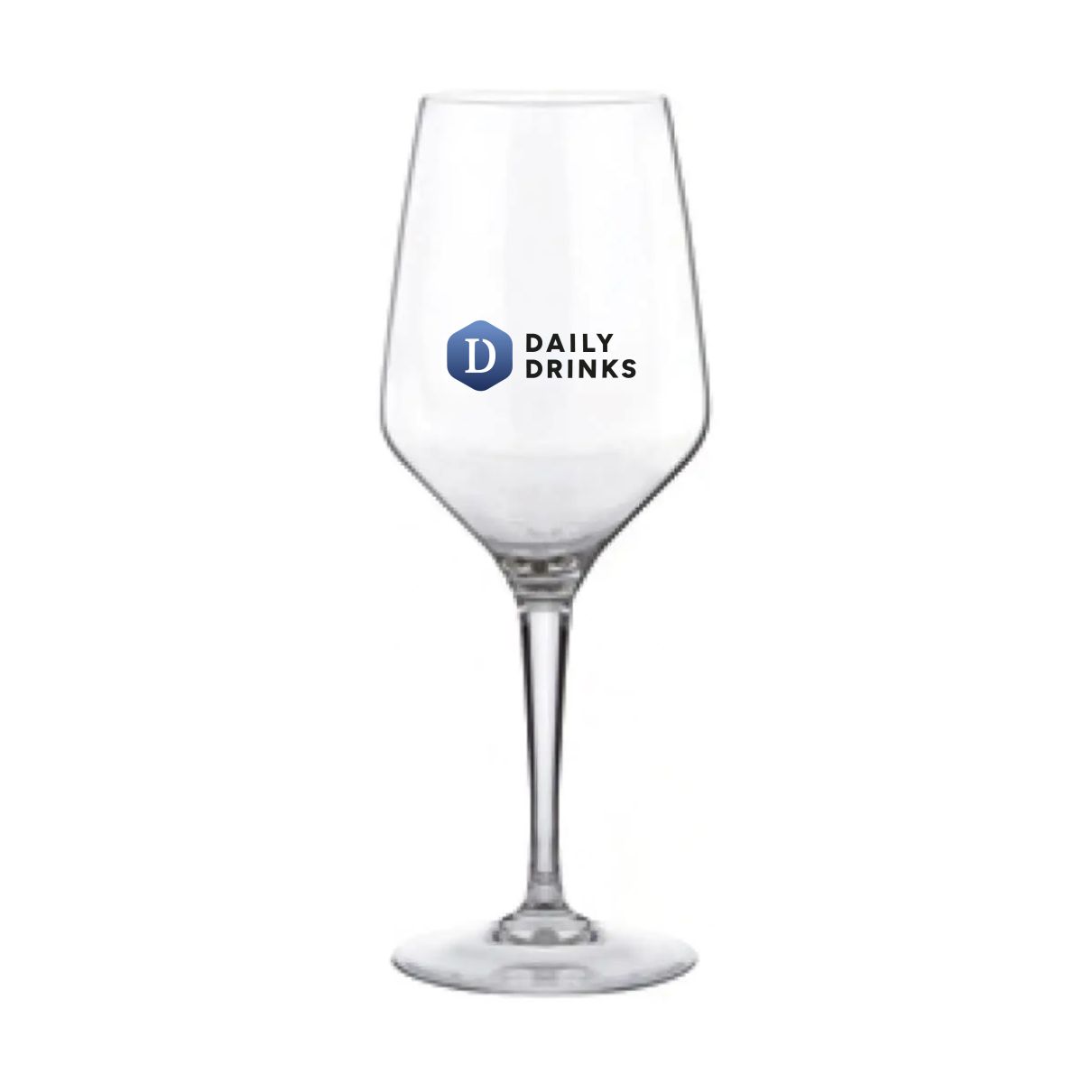 Vorderseite des Weinglases 44 cl. bedruckt mit vollfarbigem DailyDrinks-Logo.
