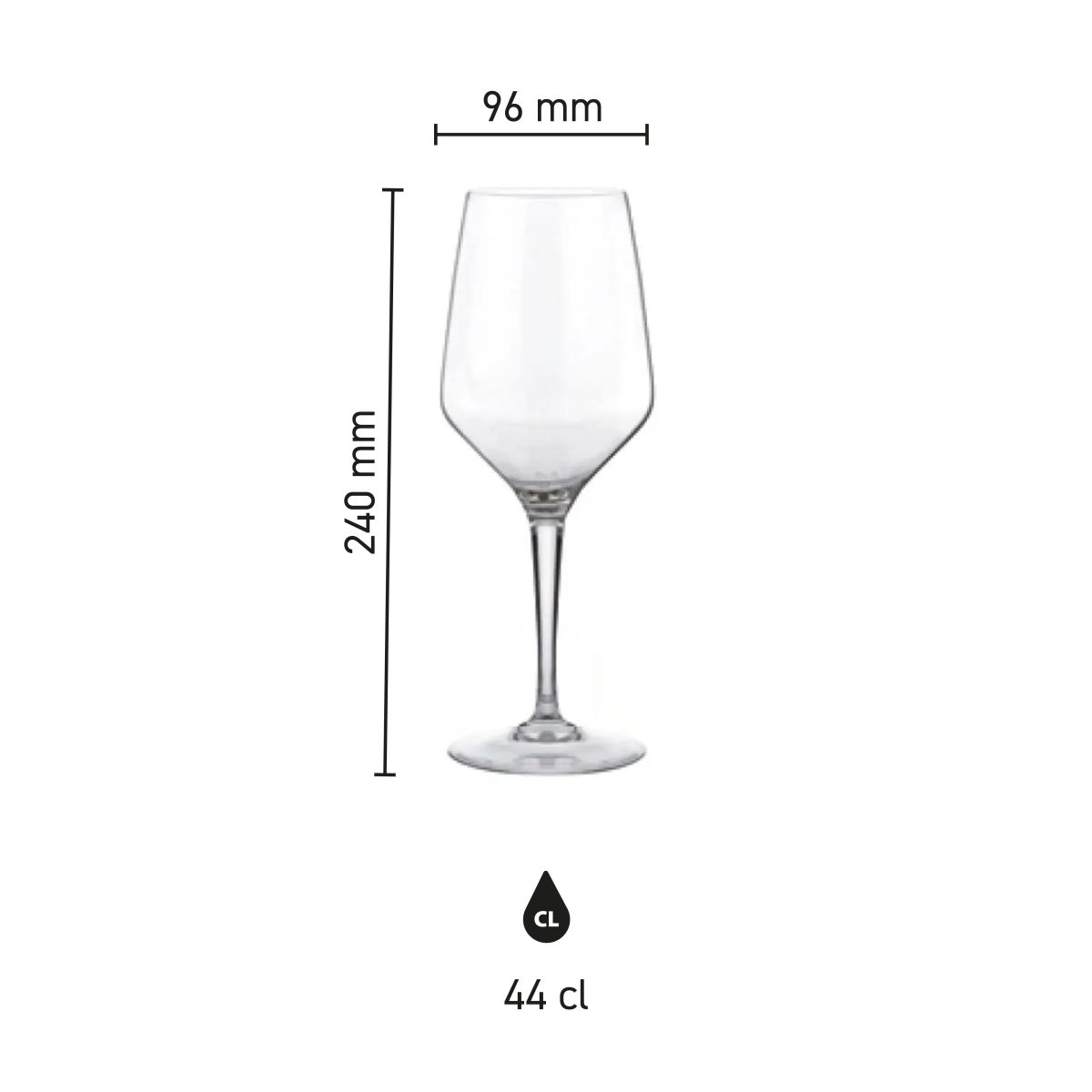 Die Infografik zeigt die Abmessungen des Weinglases Mencia 44 cl. in Millimetern.