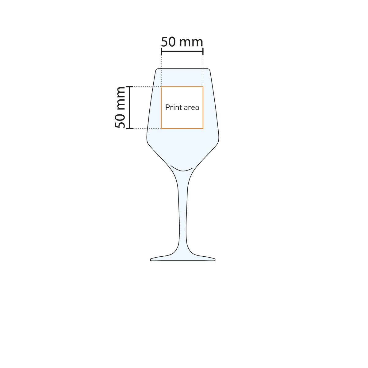 Technische Arbeitszeichnung mit Angabe der Druckfläche des Mencia 58 cl. Glas.