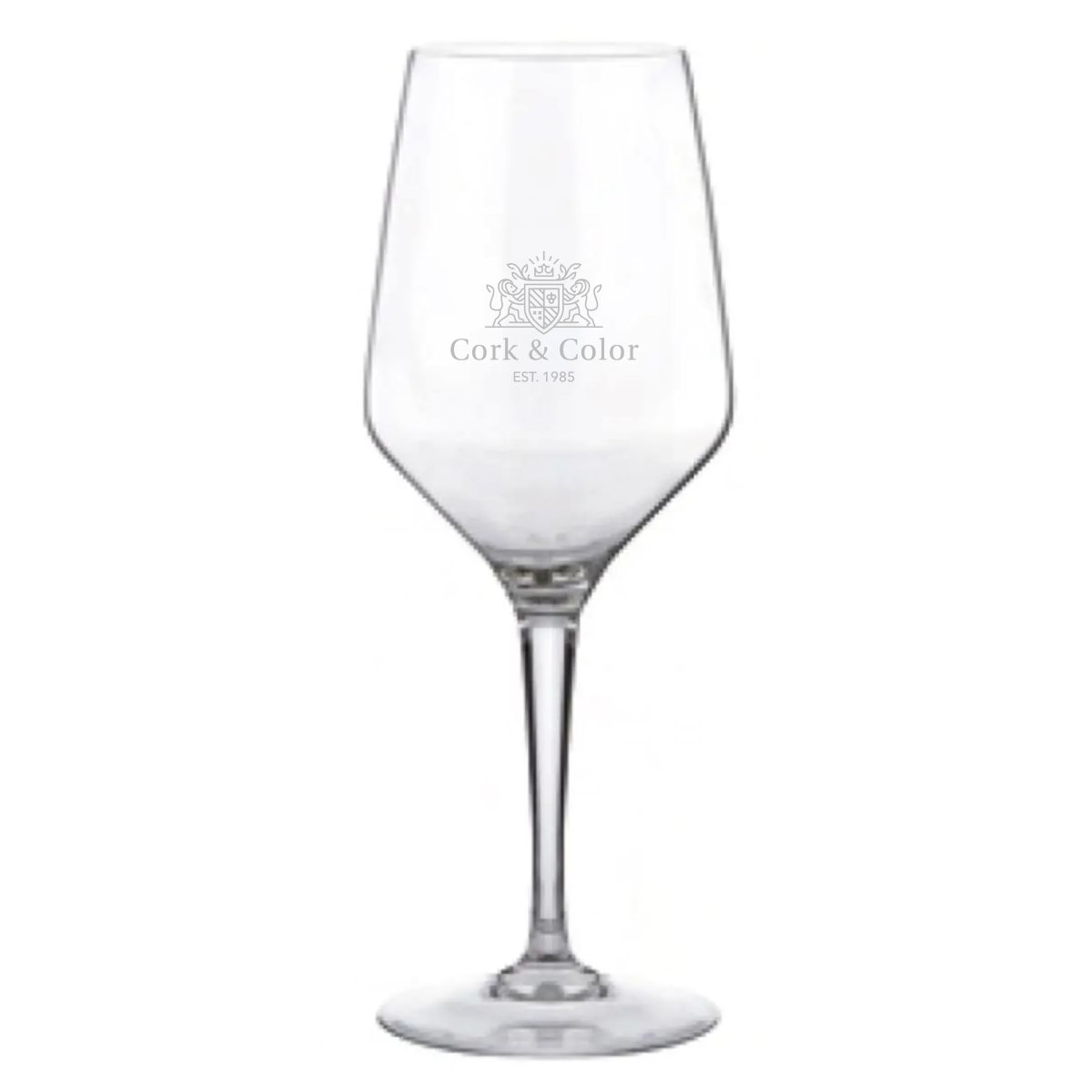 Vorderseite des Mencia Weinglases 58 cl mit eingraviertem CorkColor-Logo sichtbar.