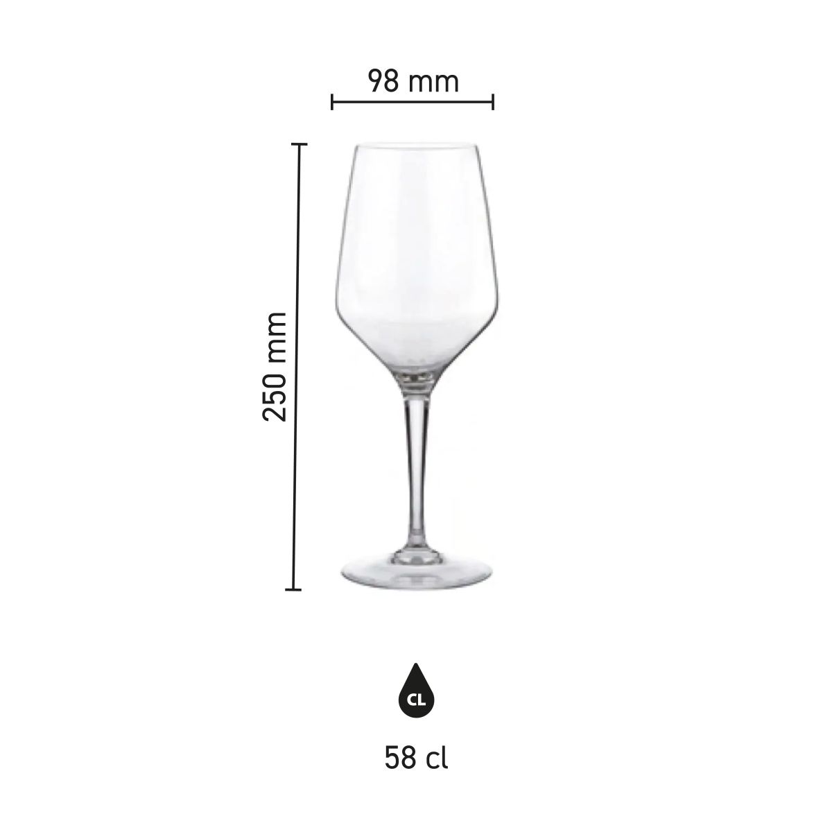 Infografik mit Höhe und Durchmesser des Mencia Weinglases 58 cl. dargestellt.