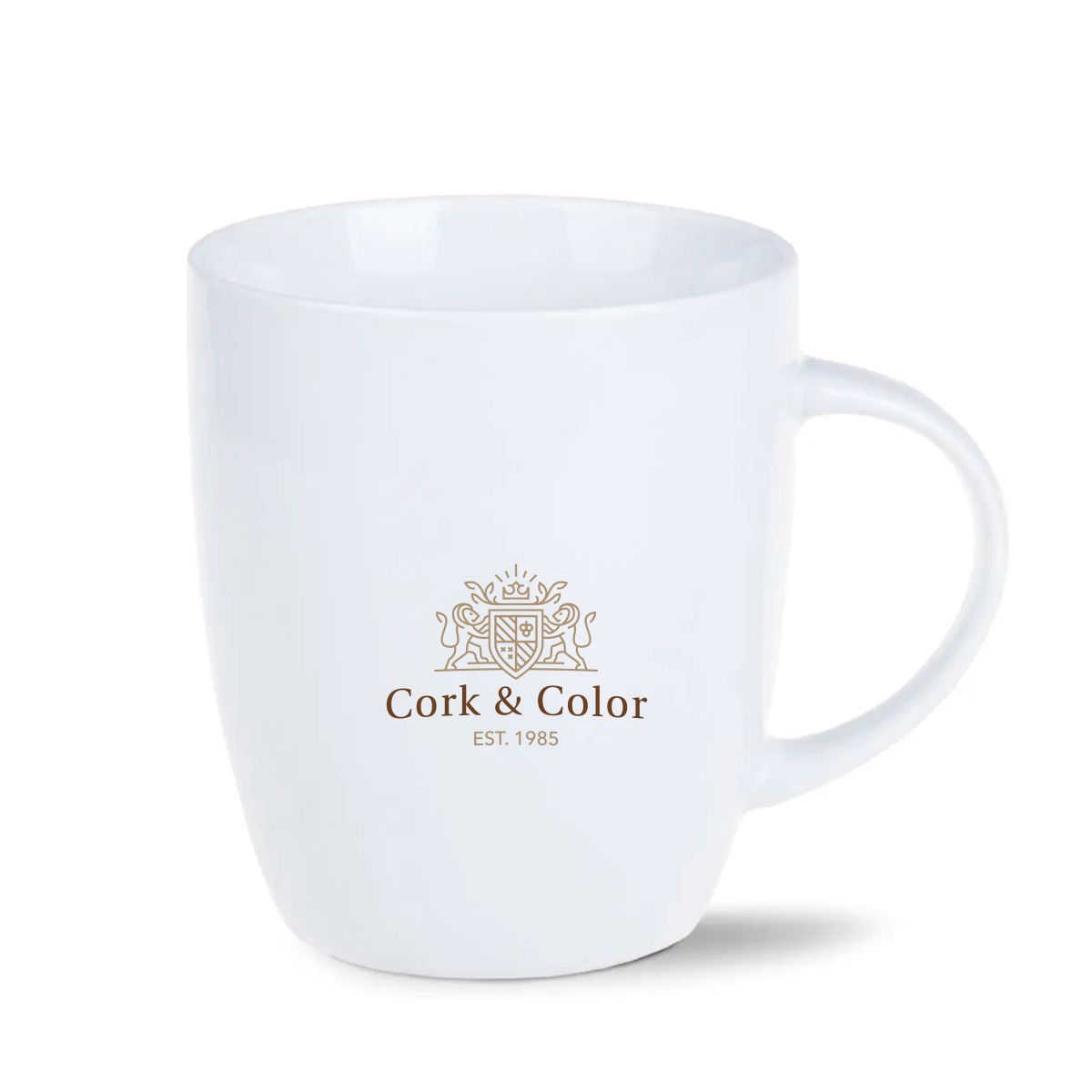 Mini Specta Tasse 28 cl. mit mehrfarbigem CorkColor Logo auf der glatten Porzellanoberfläche.