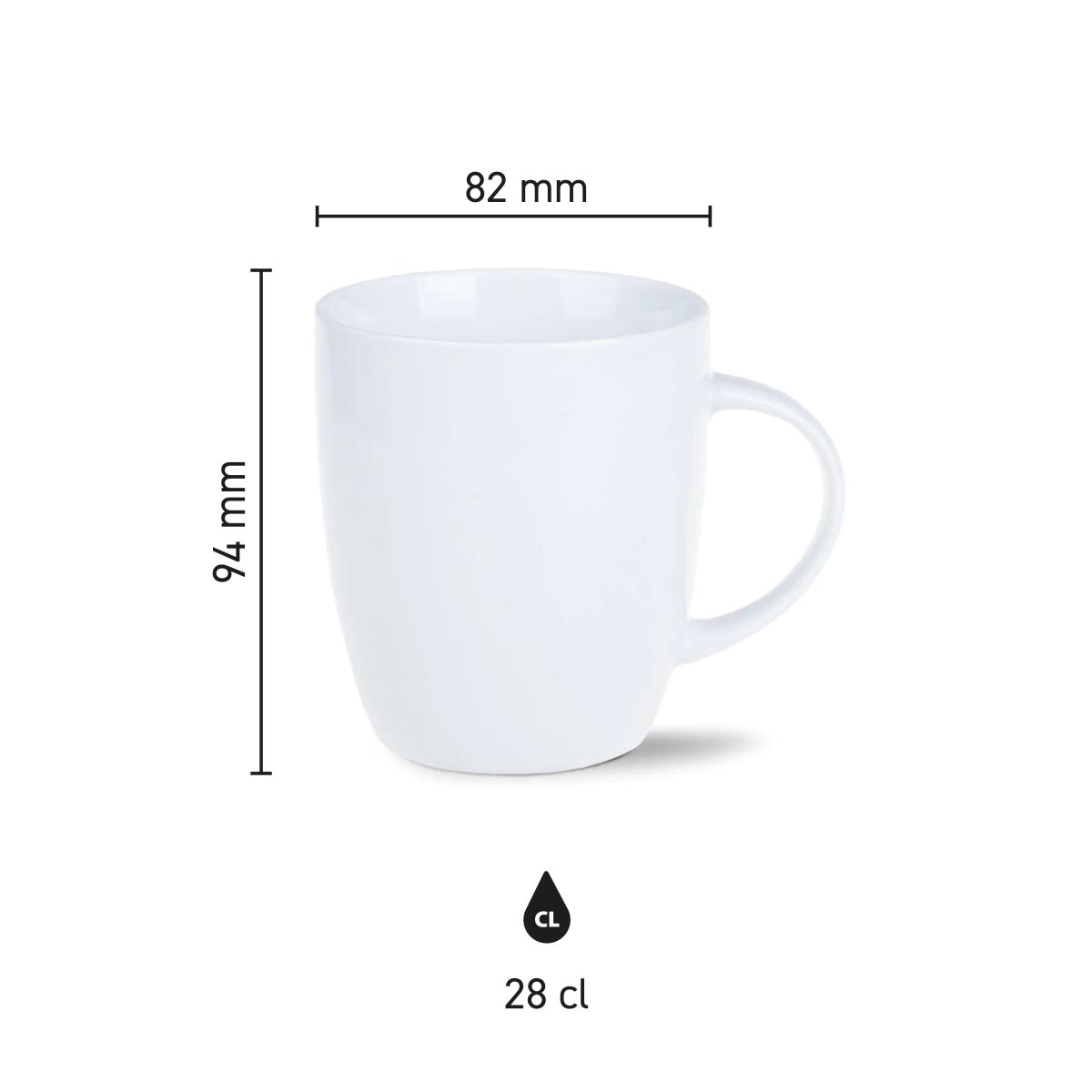 Infografik mit Höhe, Durchmesser und Fassungsvermögen des Mini Specta Bechers 28 cl. in maßstabsgetreuer Ansicht.