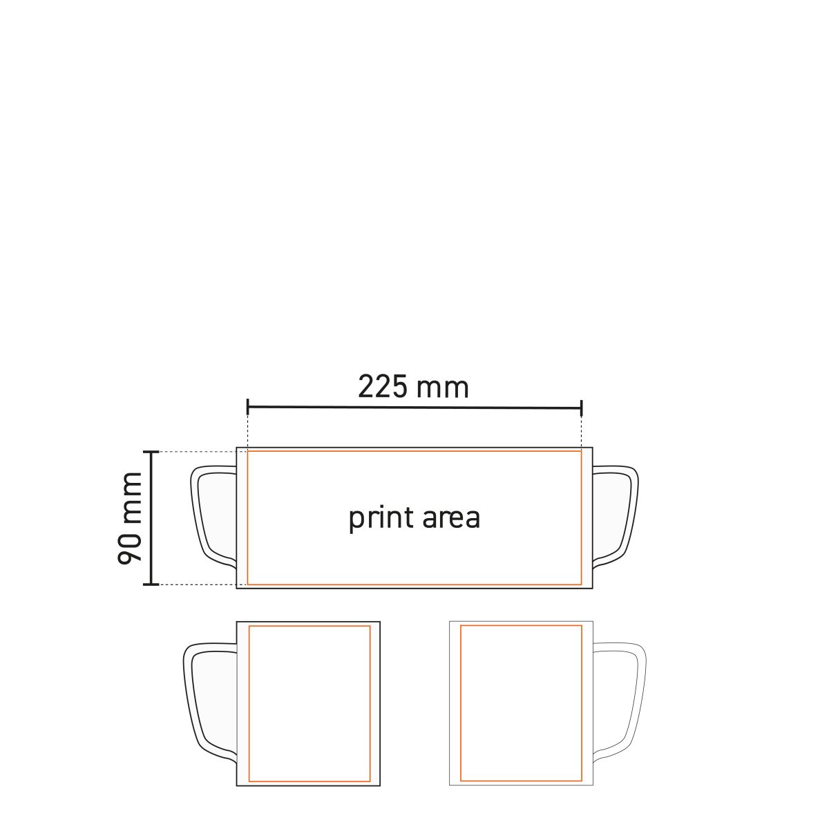 Die Arbeitszeichnung zeigt den entsprechenden bedruckbaren Bereich auf dem Becher für die Logoanbringung.