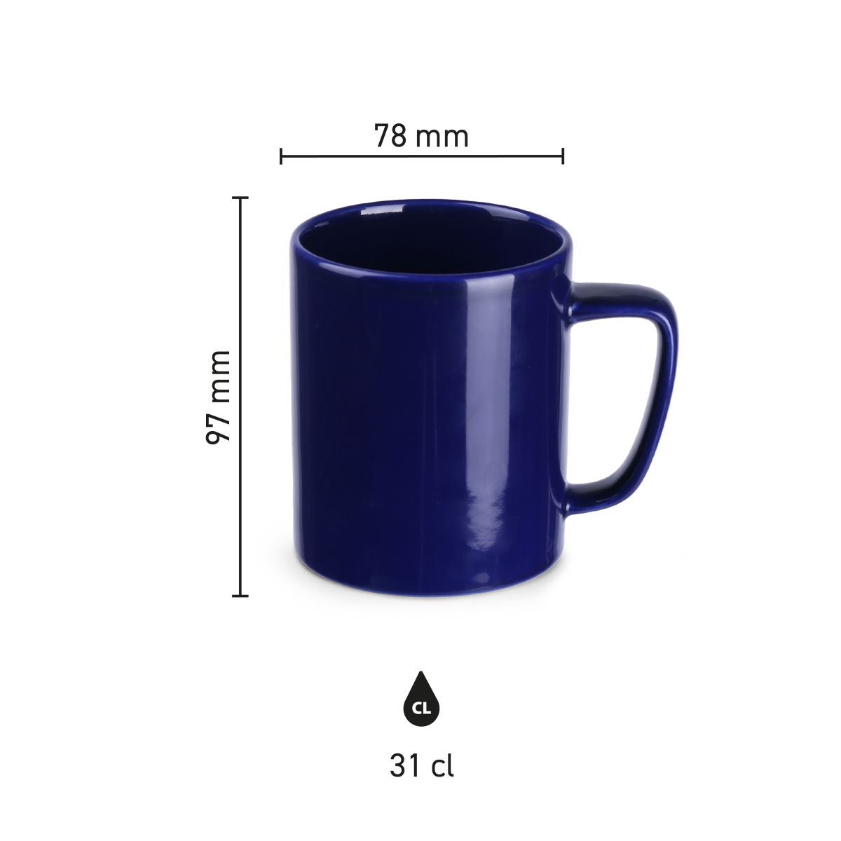 Die Infografik zeigt die detaillierten Abmessungen der Tasse Tommy Classic 31 cl Keramik.
