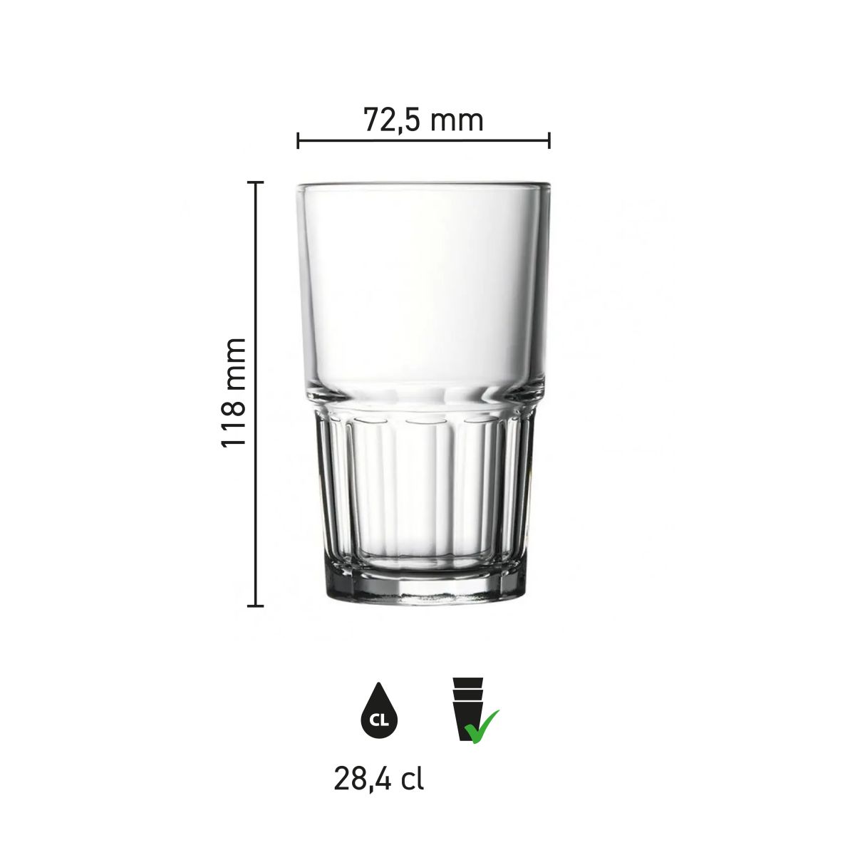 Infografik zu Höhe und Durchmesser des Next Longdrink Stacking Glass 28.4 cl.