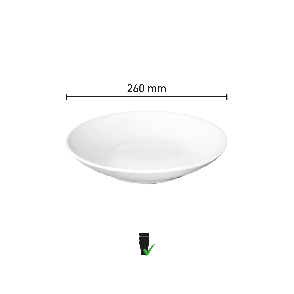 Die Infografik zeigt den Durchmesser des weißen Porzellan-Hotel-Nudeltellers 26 cm.