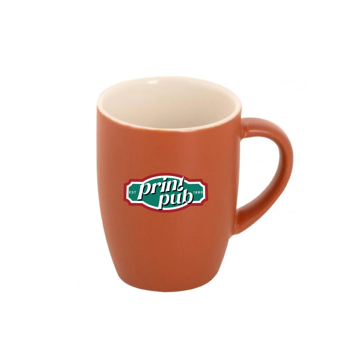 Robusta Becher 18 cl. aus Porzellan mit mehrfarbigem PrintPub-Logo in der Vorderansicht.