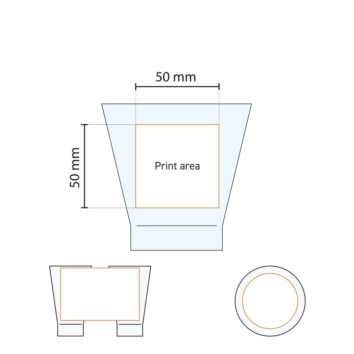 Druckbereich des Shetland  Glas 25 cl. dargestellt in einer technischen Arbeitszeichnung.