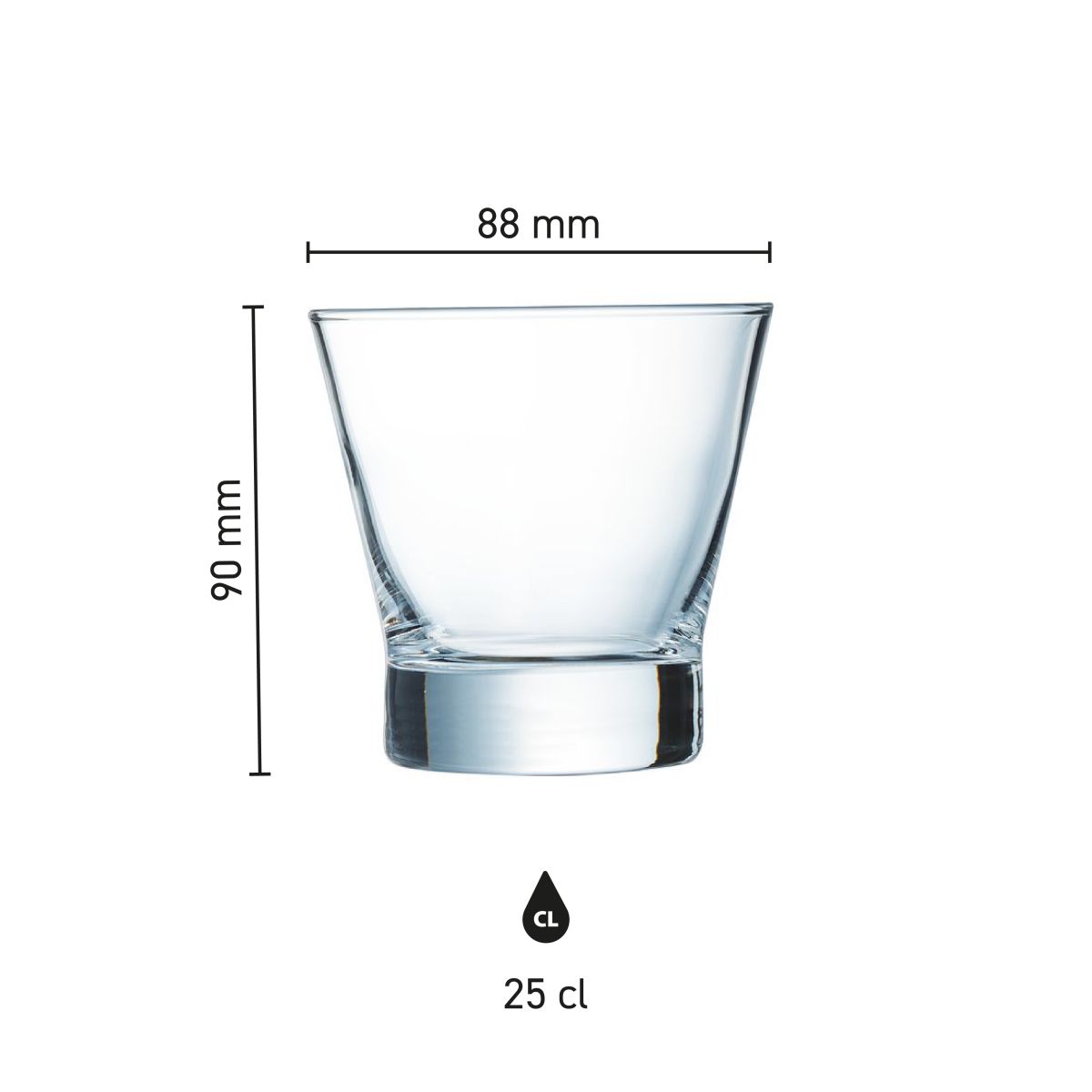 Die Grafik zeigt die Höhe und den Durchmesser des Shetland Glas 25 cl. im Detail.